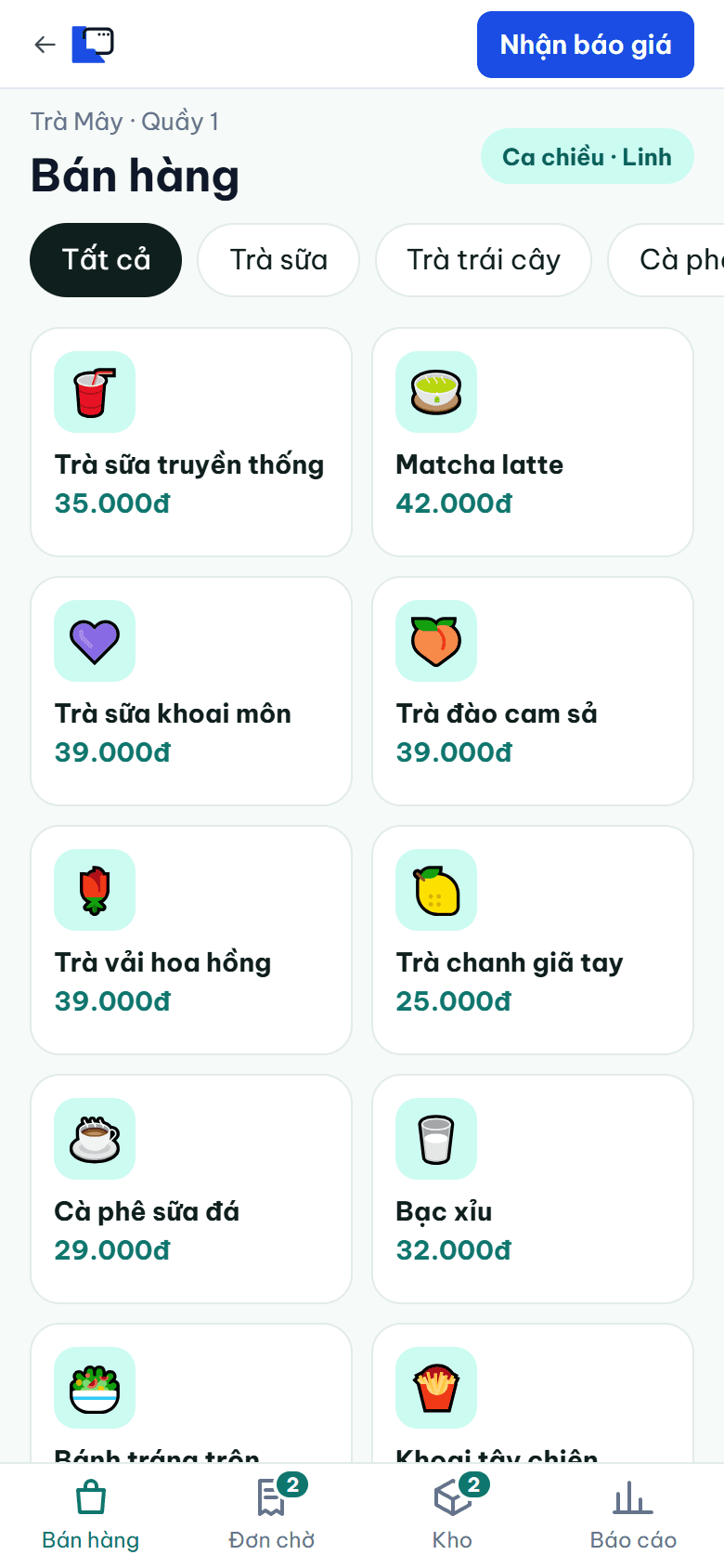 App bán hàng & quản lý quán nước / Take away — mẫu app do lamweb thiết kế