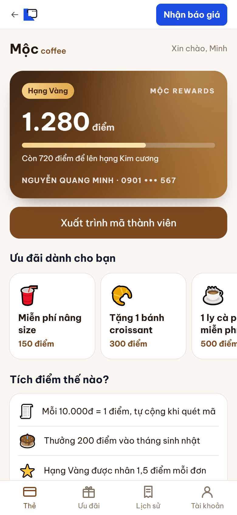 App thành viên / Tích điểm — mẫu app do lamweb thiết kế